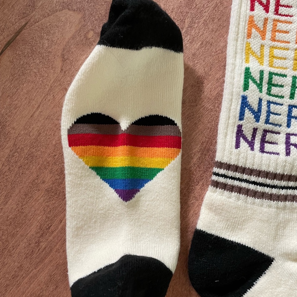 Out of Print White and Black Crew Socks with Book and Nerd Designs - Picture 2 of 2
